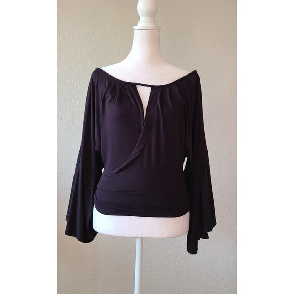 Whimsigoth Witchy Free People Top XS Black Boho Off The Shoulder Bell Sleeves - Picture 7 of 12